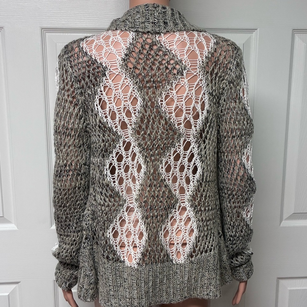 NWT Poof Dark Oatmeal/Ecru open crochet shrug / cardigan sweater, size MEDIUM - Picture 2 of 11